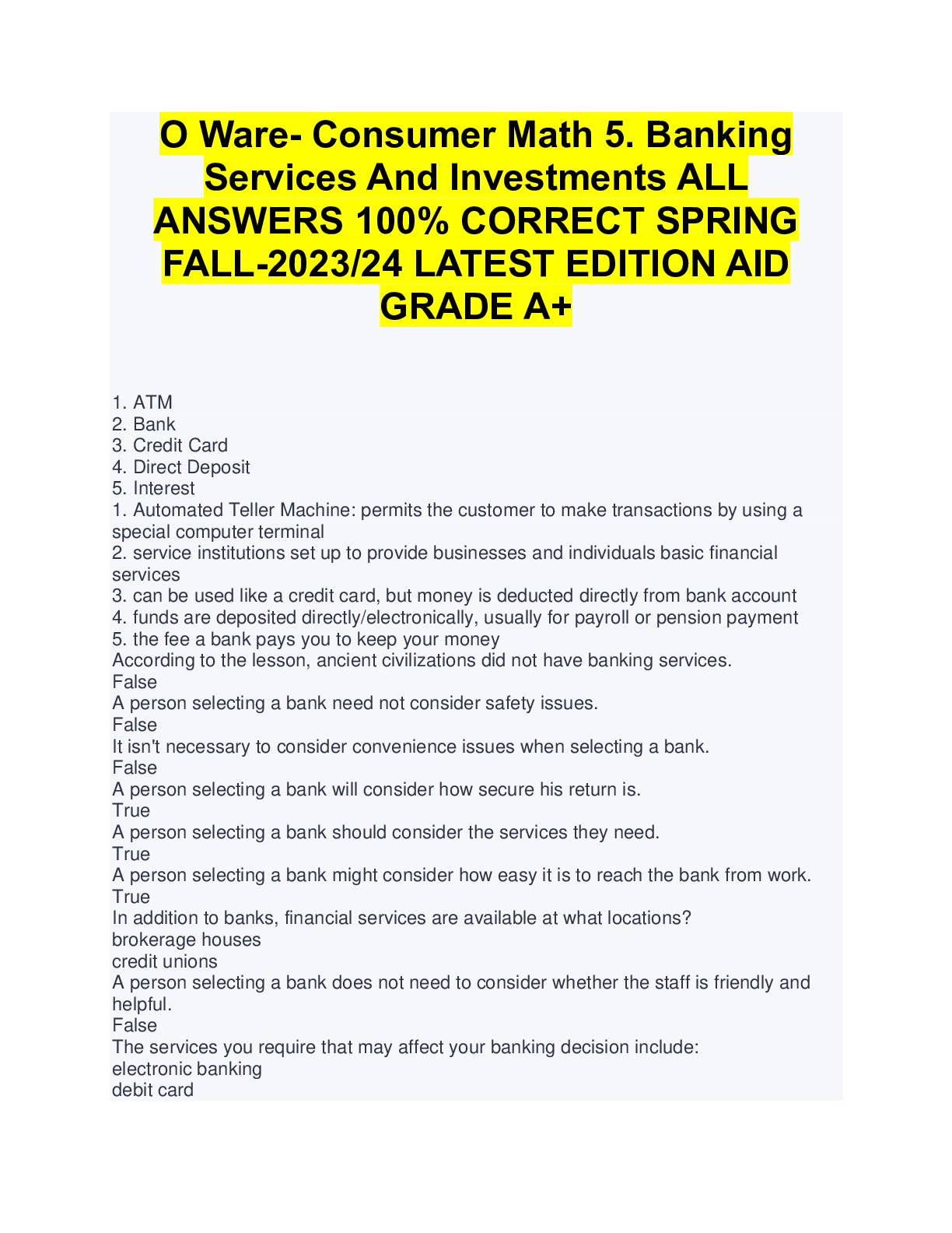 Preview image for O Ware- Consumer Math 5. Banking Services And Investments ALL ANSWERS 100% CORRECT SPRING FALL-2023/24 LATEST EDITION AID GRADE A+